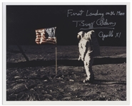 Buzz Aldrin Signed 10 x 8 First Landing on the Moon Photo -- Aldrin Stands in Front of the U.S. Flag on the Moon